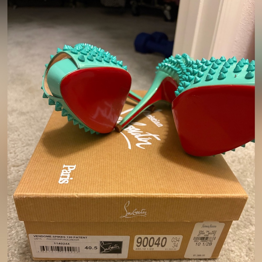 Christian Louboutin Aqua Spiked Peep-Toe Heels - Picture 3 of 3